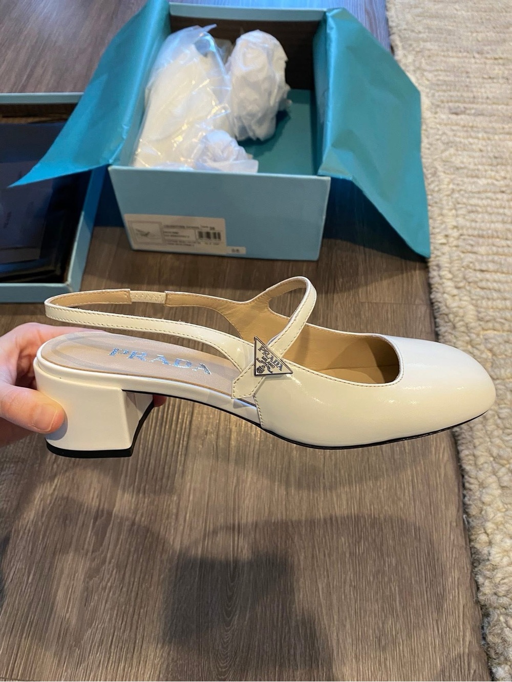 Prada White Patent Slingback Mary Jane Heel with Triangle Logo